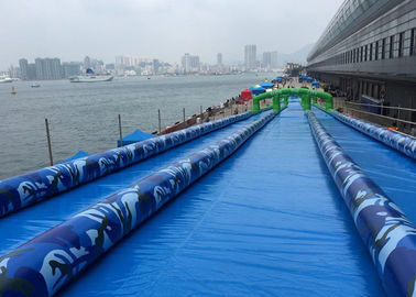 Long Funny Blue 3 Lane 1000ft เมือง Slip ภาพนิ่งสไลด์น้ำ Inflatable