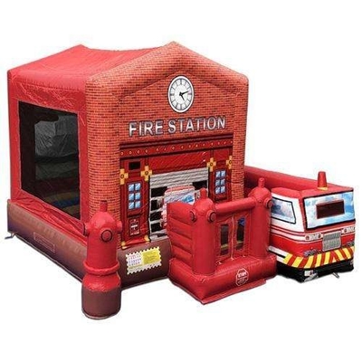 0.55mm PVC Bouncer Fire Station Combo Bouncy House พร้อมเครื่องเป่าลม