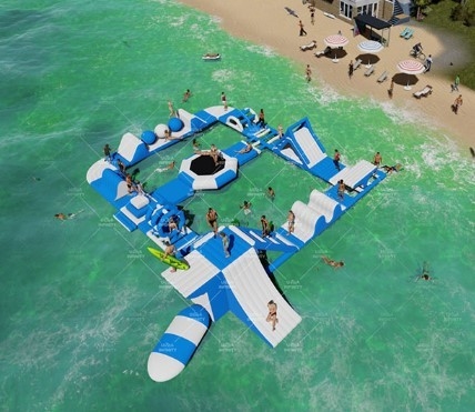 OEM Tarpaulin สวนน้ำลอยน้ำทำให้พอง Family Resorts Water Parks Floating Blow Up Island