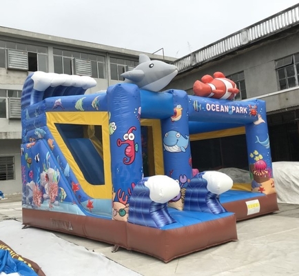 0.55mm PVC Inflatable Bouncer ปราสาทกระโดดธีมมหาสมุทรพร้อมสไลด์ 7mLX5mWX4mH