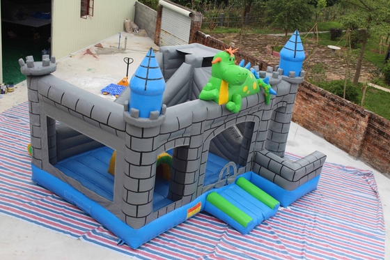 0.55mm PVC Dragon Cartoon บ้านกระโดดพองสีฟ้าสีเทาสีเขียว