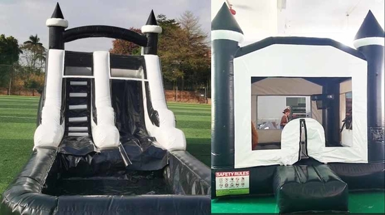 ภายในและภายนอก สีดําและสีขาว Tuxedo บ้านกระโดดน้ํา inflatable slide สําหรับปาร์ตี้