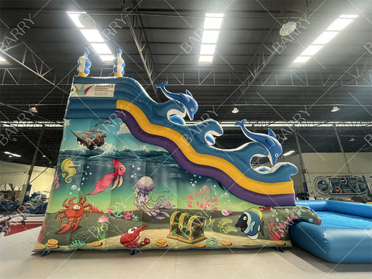 สไลเดอร์น้ำเป่าลมฉลามสีฟ้าสำหรับเด็ก เล่นได้ทั้งในร่มและกลางแจ้ง เหมาะสำหรับห้างสรรพสินค้า