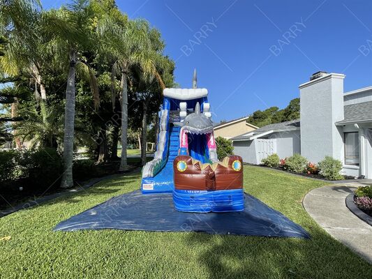 สวนน้ำเป่าลม PVC หนาธีมฉลาม สระว่ายน้ำพร้อมสไลเดอร์สำหรับเด็ก