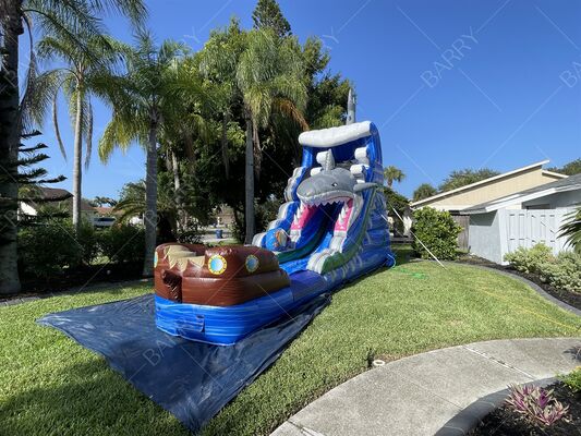 สวนน้ำเป่าลม PVC หนาธีมฉลาม สระว่ายน้ำพร้อมสไลเดอร์สำหรับเด็ก