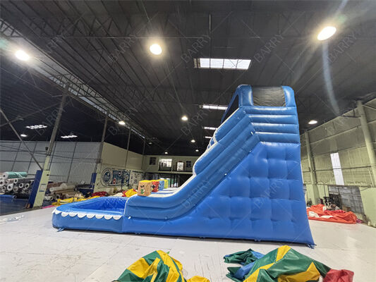 สไลเดอร์เป่าลม PVC สีฟ้าสำหรับเด็กเล่นในสวนหลังบ้านพร้อมสระน้ำสำหรับใช้ในบ้าน