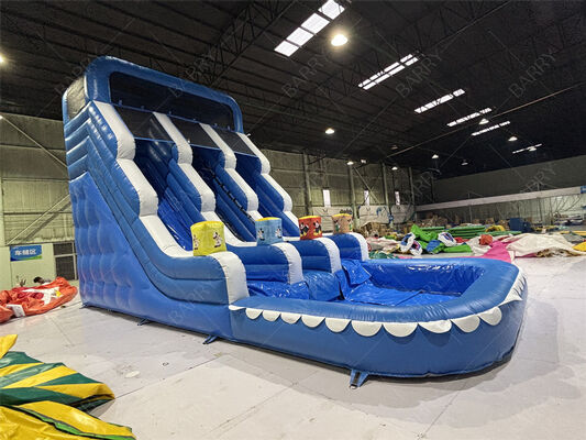 สไลเดอร์เป่าลม PVC สีฟ้าสำหรับเด็กเล่นในสวนหลังบ้านพร้อมสระน้ำสำหรับใช้ในบ้าน