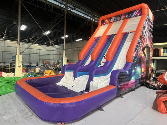 สไลเดอร์เป่าลมสองช่องเกรดเชิงพาณิชย์พร้อมสระน้ำ, สไลเดอร์แห้ง/เปียกธีม Neon/TikTok สุดฮิตสำหรับให้เช่าในงานปาร์ตี้และอีเวนต์ ระบบสนามเด็กเล่น