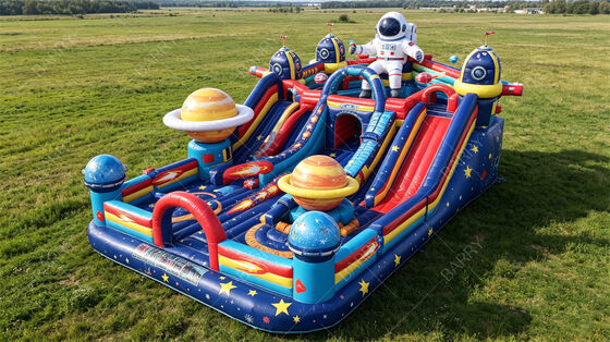 สนามเด็กเล่นเป่าลม Galaxy Astronaut สีม่วง | ปราสาทเด้งธีมการศึกษาพร้อมสไลเดอร์และสิ่งกีดขวางดาวเคราะห์ | PVC เชิงพาณิชย์สำหรับงานโรงเรียนและพิพิธภัณฑ์