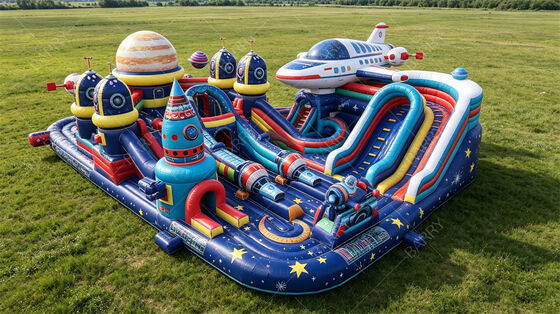 เมืองสนุกเป่าลมธีมกาแล็กซี | กระสวยอวกาศและ Planet Bounce Park พร้อมสไลเดอร์และสิ่งกีดขวาง | PVC เชิงพาณิชย์สำหรับธุรกิจให้เช่าและการเปิดใช้งานห้างสรรพสินค้า