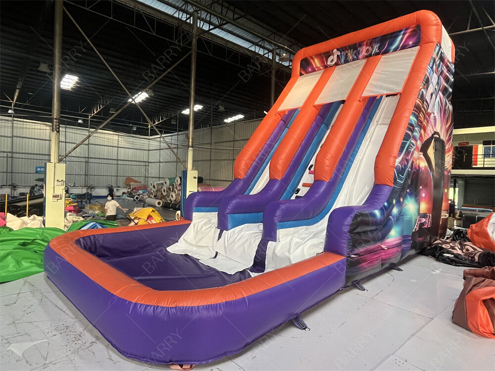 สไลเดอร์เป่าลมสองช่องเกรดเชิงพาณิชย์พร้อมสระน้ำ, สไลเดอร์แห้ง/เปียกธีม Neon/TikTok สุดฮิตสำหรับให้เช่าในงานปาร์ตี้และอีเวนต์ ระบบสนามเด็กเล่น