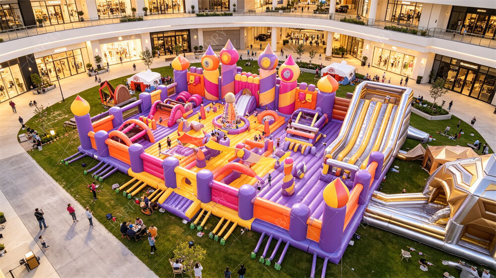 เมืองมหัศจรรย์ปราสาทสีม่วงแสนสนุก | All-in-One Bounce & Obstacle Course พร้อมสไลเดอร์ยักษ์ | PVC เชิงพาณิชย์สำหรับสถานที่ที่มีการจราจรหนาแน่นและการเช่างานปาร์ตี้