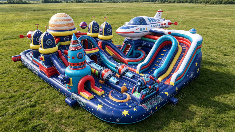 เมืองสนุกเป่าลมธีมกาแล็กซี | กระสวยอวกาศและ Planet Bounce Park พร้อมสไลเดอร์และสิ่งกีดขวาง | PVC เชิงพาณิชย์สำหรับธุรกิจให้เช่าและการเปิดใช้งานห้างสรรพสินค้า